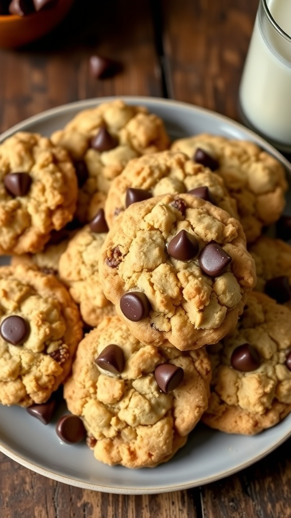 Crumble Cookies Recipe A plate of golden crumble cookies with melted chocolate chips, accompanied by a glass of milk.
